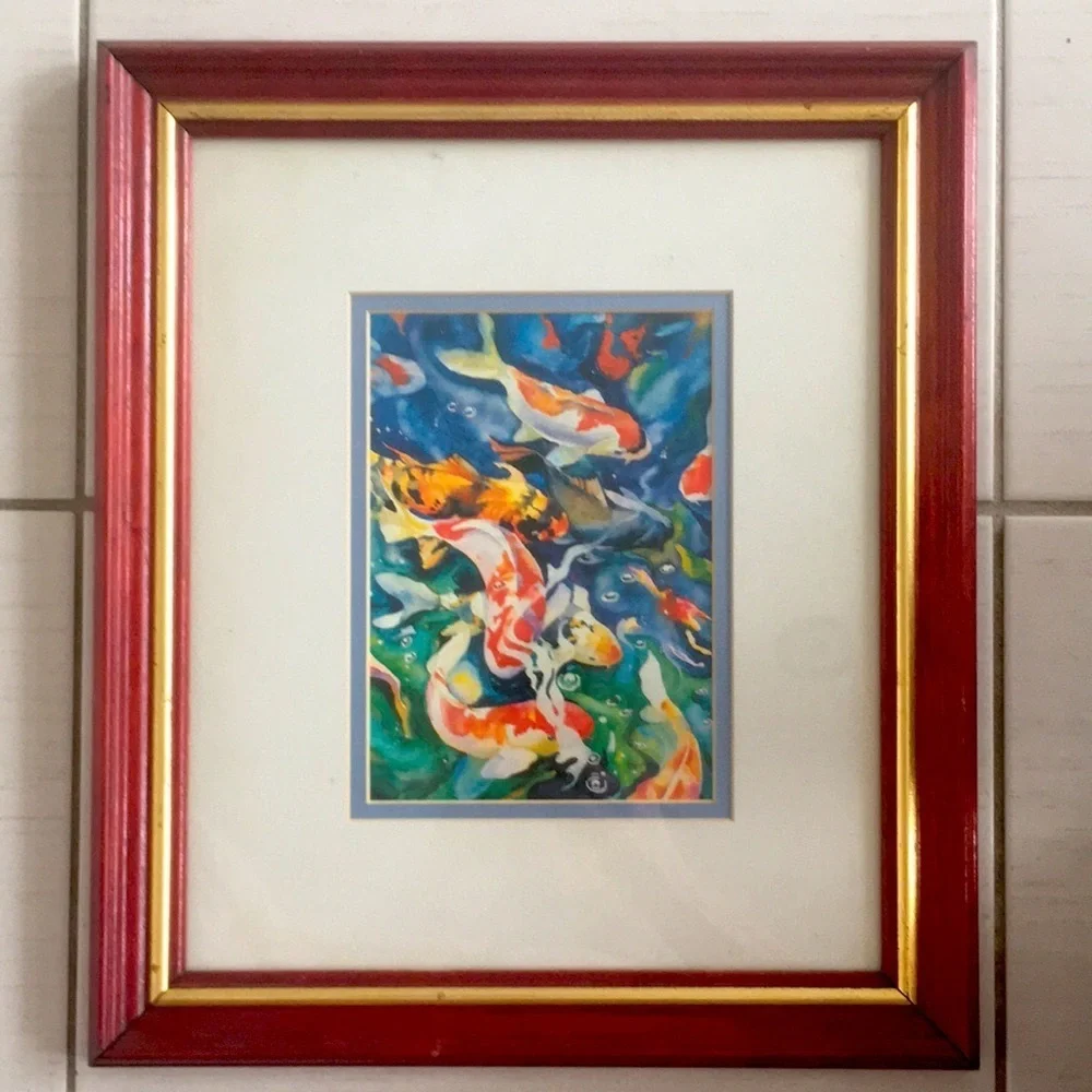 Framed Koi Fish Colourful Water Painting Print by Tracy Reid 1991 - Oak Frame - Picture 8 of 14
